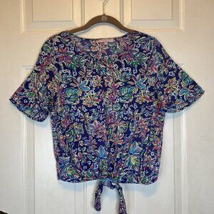 Saint Tropez West Hawaiian Knot Tie Front Aloha Top Medium Blue Pink EUC